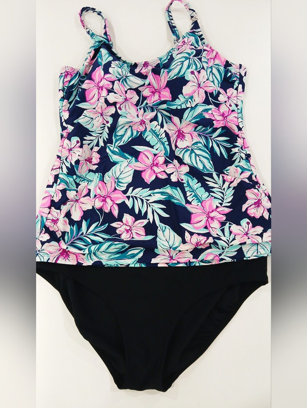 Krista Tankini Swim Top Pink/ Blue & Bottoms ,Black, Size XL , Like New